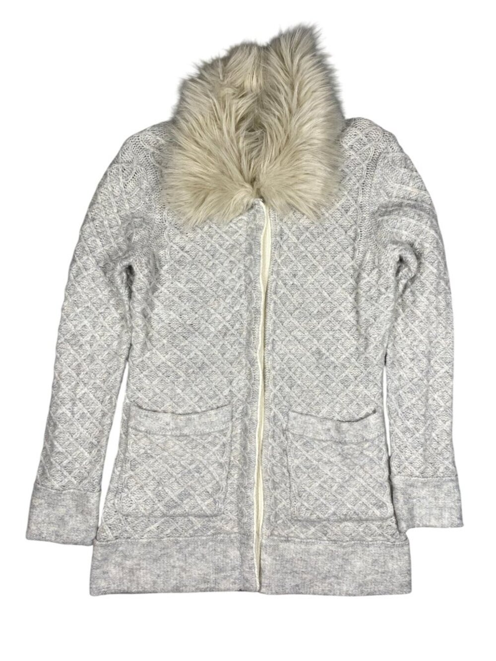Coldwater Creek Womens Faux Fur Collar Knit Cardigan XS Gray Acrylic Blend - Picture 2 of 8